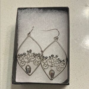 Elegant Silver Filigree Drop Earrings with Crystal Accent
